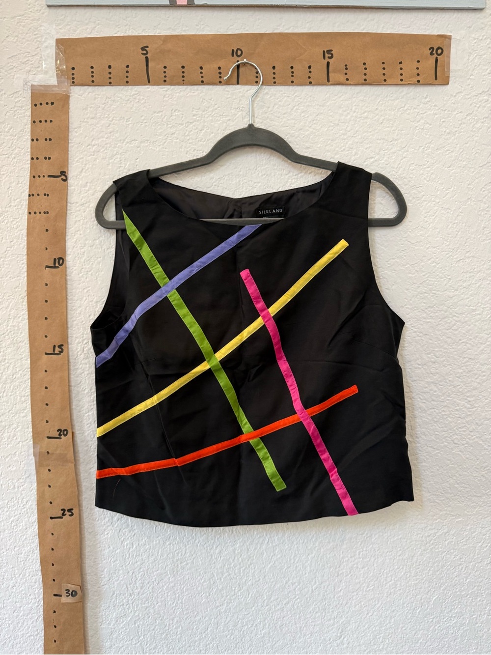 SilkLand Black Sleeveless Tank with Multicolor Diagonal Stripes